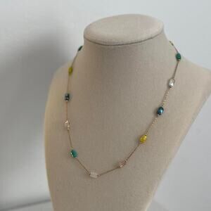 Gold Tone Beaded Necklace Blue Yellow Beads Colorful Jewelry Gift